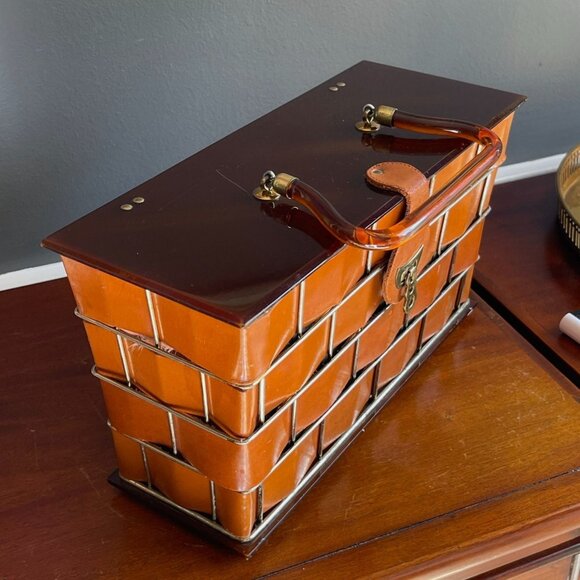 Vintage Dorset-Rex Fifth Ave Woven Leather Basket Lucite Box Purse Handbag MCM - Picture 7 of 10